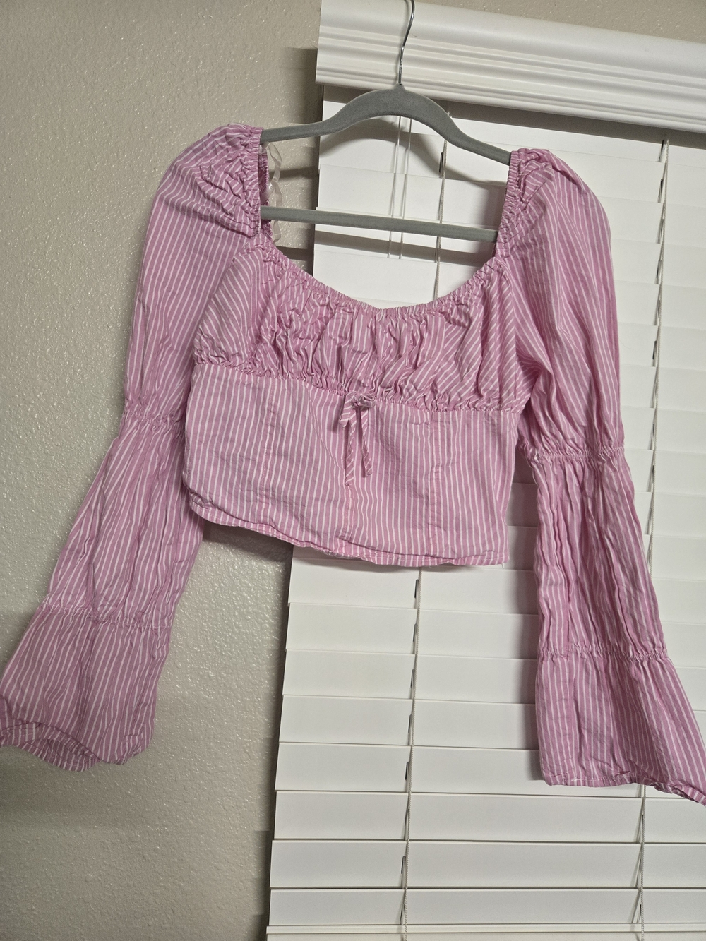 fresh Pink Striped Smocked Crop Top with Bell Sleeves